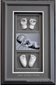 a baby's hand and foot prints in a shadow box