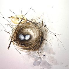 two eggs in a bird's nest on top of watercolor paper