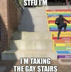 a skateboarder is going down some stairs with the caption, i'm taking the gay stairs