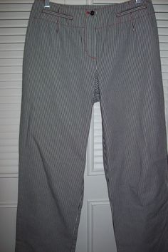 "Vintage Harve Benard striped cotton pants with red stitching, two back pockets. Waist measures 29\", hip 40\". overall length 40 1/2\". Perfect. No flaws of any kind. Stored with TLC Comes from a smoke-free home." Pinstripe Cotton Trousers, Wide Leg Pinstripe Cotton Pants, Pinstripe Cotton Straight Leg Bottoms, Straight Leg Cotton Pants With Contrast Stripes, Cotton Straight Leg Pants With Contrast Stripes, Fitted Cotton Bottoms With Contrast Stripes, Pinstripe Straight Leg Cotton Pants, Pinstripe Cotton Straight Leg Pants, Pinstripe Cotton Bottoms With Pockets