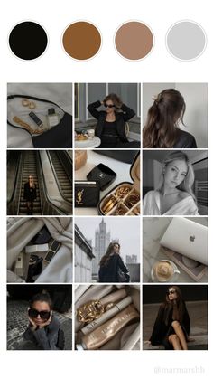 a collage of photos with different items and colors in them, including black, white, gold, and brown