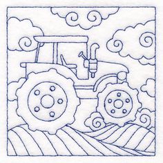 a drawing of a tractor with clouds in the background