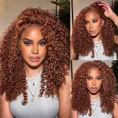 Medium Auburn Hair Color, Curly Ginger, Medium Auburn Hair, Red Afro, Curly Lace Frontal, Highlight Wig, Ginger Brown, Textured Curly Hair