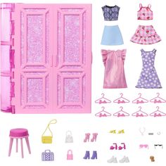 a doll's wardrobe with clothes and accessories