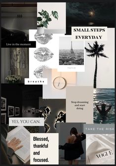 a collage with words and pictures in black and white, including a woman standing next to a palm tree