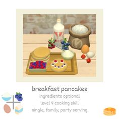 the breakfast pancake is ready to be eaten on the table with other items around it