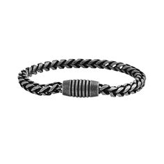 Geoffrey Beene Men's Stainless Steel Franco Chain Bracelet  Choose jewelry that builds a strong look, like this bracelet, a piece that exudes confidence from its robust Franco links to its distinctively designed clasp.       Approx. 8-1/2"L x 7/16"W      Stainless steel      Magnetic clasp Classic Black Chain Link Bracelets, Black Link Jubilee Bracelet, Modern Gunmetal Chain Bracelet In Stainless Steel, Black Metal Bracelet With Stainless Steel Clasp, Modern Black Braided Bracelets With Stainless Steel Clasp, Black Braided Bracelet With Stainless Steel Clasp, Masculine Black Stainless Steel Bracelets, Geoffrey Beene, Magnetic Clasp