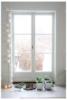 a white room with some plants and lights on the window sill in front of it