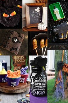 there are many different halloween decorations on this page, including pumpkins and witches in jars