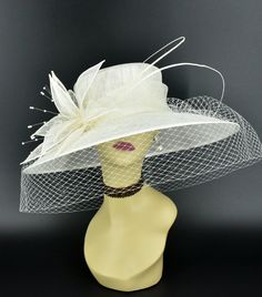 "✿*.Key Features.*✿ Sinamay petal flower with matching color beads and two quills, wide brim cover veil, very beautiful. Great for Kentucky derby, weddings, church, Easter, Royal Ascot, horse races, cocktails, tea party, or any hat wearing occasion. Hat base size: From front to back: 15.5\" (39.5 cm) From left to right: 17.5\" (44.5 cm) Wide brim Appr: 4-6\" Head girth: 22.5\"(57cm), adjustable string inside to make smaller to fit your head. If you want other colors in this style, just search th Luxury White Costume Hats For Summer, Hat Veil, Ivory Hat, Formal Hat, Hat Tea Party, Sinamay Hat, Easter Hat, Horse Races, Sinamay Hats