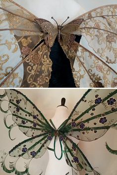 two pictures of the back and side of a woman's dress with wings on it