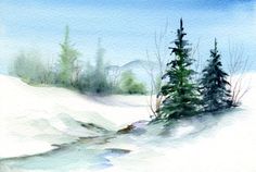 a watercolor painting of trees in the snow