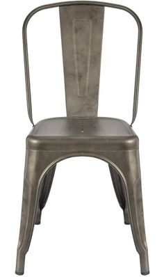 a metal chair with a back and seat upholstered to the side, on a white background