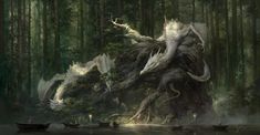 an image of a giant creature floating in the middle of a forest with other animals