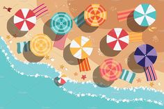 colorful beach umbrellas and starfish on the sand near the ocean - miscellaneous illustrations