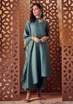 Charkhee-Sage Green Kurta Set-INDIASPOPUP.COM Reeti Arneja, Kurta And Dupatta, Embroidered Sharara, Blouse Yoke, Kurta Palazzo, Unique Outfit, Palazzo Set, Indian Couture, Sharara Set