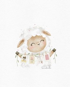 a watercolor painting of a sheep with clothes on it's chest and eyes closed