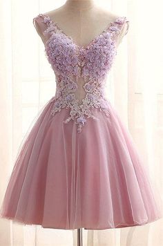 Chic V Neck Pink Tulle Applique Flower See Through Short Prom Dress Knee-length Floral Wedding Dress, Elegant Floral Print Tulle Dress, Elegant Tulle Dress With Floral Print, Floral Print Tulle Dress With Sweetheart Neckline, Pink Dresses With Floral Applique And Fitted Bodice, Pink Floral Embellished Dress For Prom, Pink Floral Embellished Dress For Prom Season, Pink Dress With Floral Applique, Feminine Tulle Dress With Floral Applique