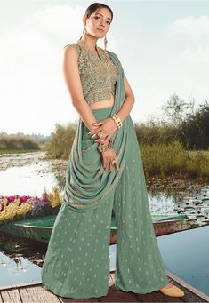 Embroidered Georgette Crop Top with Palazzo in Dusty Green : TCH148 Western Party Wear Dresses, Indowestern Saree, Western Party Wear, Suit Salwar, Palazzo Suit, Utsav Fashion, Wear Green, Georgette Fabric, Sleeveless Crop Top