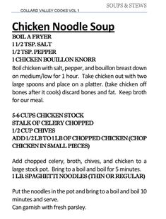 the chicken noodle soup recipe is shown in black and white, with instructions for how to make it