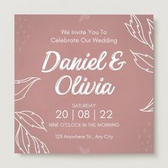 a wedding card with leaves and hearts on the front, in white ink against a pink background