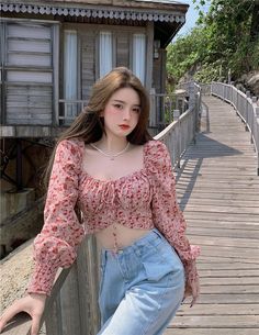 Crop Tops Lace, Cap Cut, Puff Sleeve Crop Top, Lace Crop Tops, Chiffon Shirt, Slim Dresses, Floral Chiffon, Summer Floral, Red Blouses