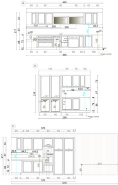 two drawings of kitchen cabinets with measurements