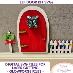 a red door with a green bow on it and the words digital svg files for glasser cutting - glyforge files