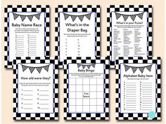 four baby shower games with black and white checkered squares on the front, one in blue