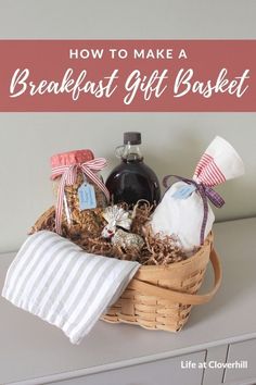 Breakfast Gift Basket Pancake Gift Basket, Pancakes Gift, Kitchen Gift Baskets, Jelly Gift, Breakfast Gift Basket, Food Gift Basket, Breakfast Basket, Diy Breakfast, Breakfast Gift