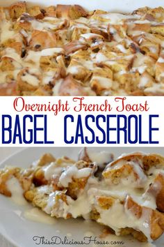 an ovened french toast bagel casserole on a white plate with the title overlay