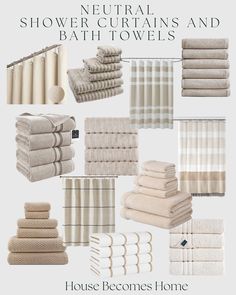 bathroom towels and bath towels are shown in this graphic style with the words neutral, shower curtains and bath towels below