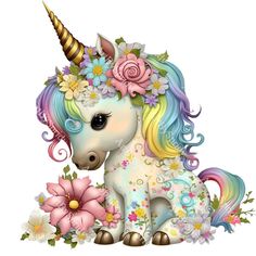 a unicorn with flowers on its head sitting next to some daisies and other flowers