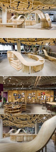 the inside of a building with wooden furniture