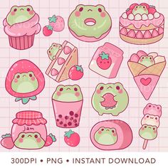 an image of cute food and desserts on pink background with the text 300p png