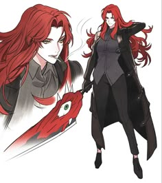 an anime character with long red hair and black clothes, holding onto a dragon's tail