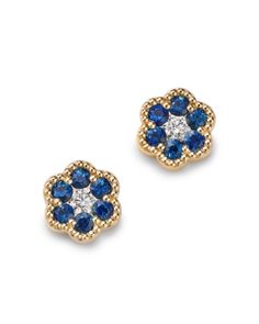 Bloomingdale's Fine Collection Blue Sapphire & Diamond Flower Stud Earrings in 14K Yellow Gold Blue Flower-shaped Diamond Jewelry, Luxury Gold Diamond Flower-shaped Earrings, Blue Diamond-accented 14k Gold Earrings, Yellow Gold Gemstone Flower-shaped Earrings, Luxury Blue Flower-shaped Earrings, Flower Stud Earrings, Blue Sapphire Diamond, Yellow Gold Jewelry, Flower Stud