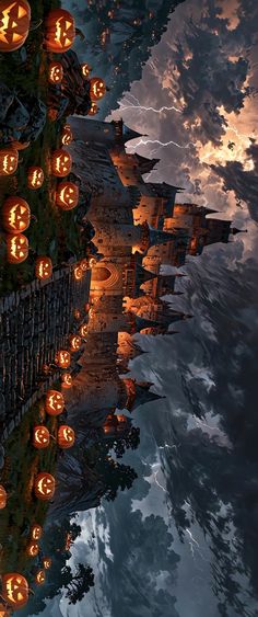 there are many pumpkins that have been lit up in the sky