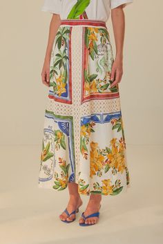 Off-White Tropical Destination LENZING™ ECOVERO™ Euroflax™ Midi Skirt – FARM Rio Bohemian Skirt With Tropical Print For Vacation, White Printed Flowy Bottoms, White Printed Beach Skirt, Tropical Multicolor Floral Print Skirt, White Floral Print Long Skirt, White Printed Long Skirt, White Tropical Print Bottoms, Tropical Flowy Skirt Bottoms With Floral Print, Tropical Print Beach Skirt