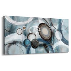 an abstract painting with circles and rings in blue, gray and white colors on canvas