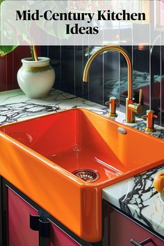 Install a statement sink in a bold color or unique shape, such as a rectangular or rounded vessel sink in vibrant hues, serving as a focal point in your kitchen’s design. Unique Small Kitchen Ideas, Vibey Decor, Architectural Digest Kitchen, Couple Projects, Mid Century Cabinets, 1960s Home Remodel, Frame Kitchen, Valley House