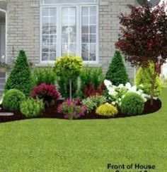 a front yard garden with flowers and trees in the foreground, next to a brick house