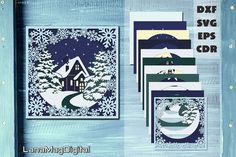 an assortment of christmas cards with snowflakes and houses on them in blue, white and green