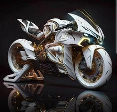 a futuristic motorcycle is shown on a reflective surface