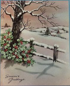 a painting of a snowy scene with a tree and fence