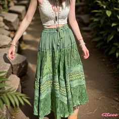 Qteee - Vintage Green Printed Midi Skirt with High Waist and Flared Hemline, perfect for Beach Vacations and Resort Wear Asymmetrical Maxi Skirt, Tied Dress, Vacation Maxi Dress, Floral Print Midi Skirt, Umbrella Skirt, Cotton Midi Skirt, Beach Vacations, Printed Midi Skirt, Green Floral Dress