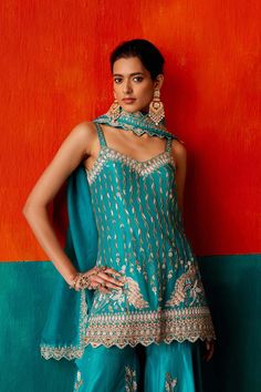 Aman Takyar | Turquoise Blue Embroidered Sharara Set | INDIASPOPUP.COM Embroidered Sharara, Kurta Sharara Set, Kurta Sharara, Traditional Indian Outfits, Embroidery Neck Designs, Dupion Silk, Sharara Set, Silk Embroidery, Silk Organza