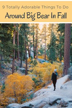 a person walking down a trail in the woods with text overlay that reads 9 totally adorable things to do around big bear in fall