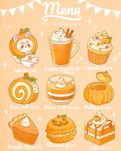 a menu with various desserts and drinks on it