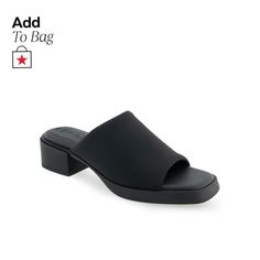 in stock Black Slides With Padded Heel For Summer, Black Sandals With Cushioned Footbed And Block Heel, Black Synthetic Slides With Padded Heel, Chic Sandals With Textured Sole, Medium Width, Black Open Toe Sandals With Ortholite Insole, Black Open Toe Slides With Padded Heel, Summer Black Heels With Textured Sole, Black Sandals With Textured Sole And Open Heel, Synthetic Open Heel Heels With Ortholite Insole